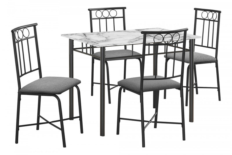 Dining Table 5-Piece Set Small Rectangular Kitchen White Marble-Look Laminate Black Metal Contemporary Modern