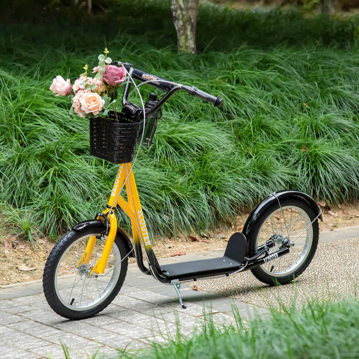 Aosom Kick Scooter For Kids Teen Ride On Children Scooter With Adjustable Handlebar 2 Brakes Basket Cupholder Mudguard 16\" Inflatable Rubber Tyres Orange
