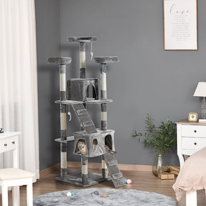 Pawhut 67inch Cat Tree With Scratching Post, Cat Condo Tower With Cat House, Toy, Perch, Grey