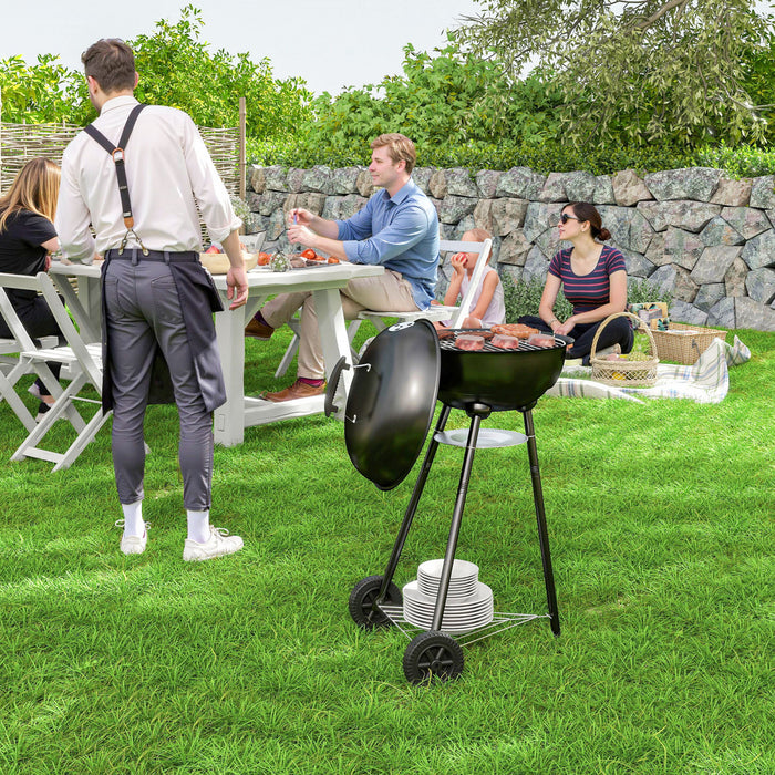 Outsunny 17\" Kettle Charcoal BBQ Grill with BBQ Accessories, Barbecue Grill with Ash Catcher, Shelf, Handles, Wheels, for Patio Backyard Party, Outdoor Cooking (Black)