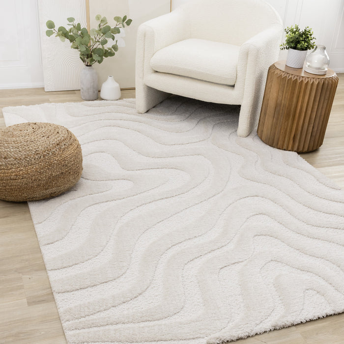 Lincoln Modern Luxurious Plush White Curves Area Rug - 6'7\" x 9'6\"