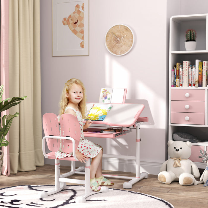 Qaba Kids Desk And Chair Set, Height Adjustable Kids Study Table And Chair Set With Tilt Desktop, Large Writing Board, Storage Drawer, Book Stand For 3-12 Years, Pink