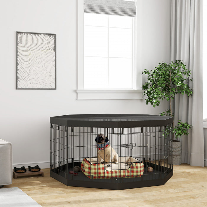 Pawhut Dog Playpen, 8 Panels Foldable Dog Pen With Waterproof Bottom Pad, Sunproof Top Cover, 30\"h Dog Fence For Indoor Outdoor, For Medium Small Dogs And Pets