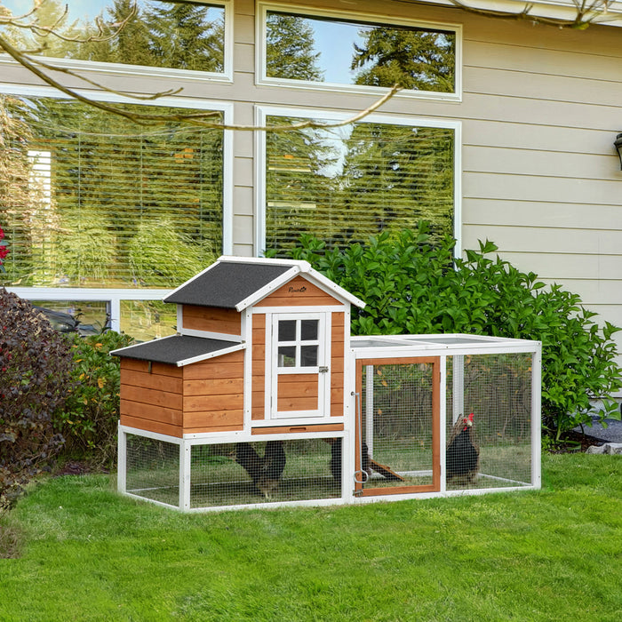 Pawhut Chicken Coop, 76\"L Weatherproof Wooden Chicken Run with Nesting Box, Tray, Ramp and Perches, Poultry Cage for Outdoor, Backyard, for 2–4 Hens, Rabbits, Ducks, Orange