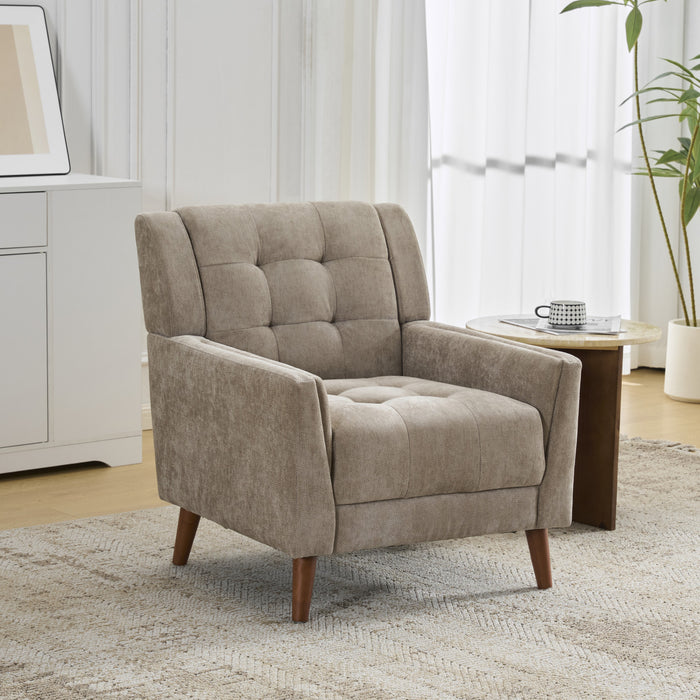 Midway Mid-Century Modern Armchair with Tufted Waffle Stitch, Light Brown, Walnut