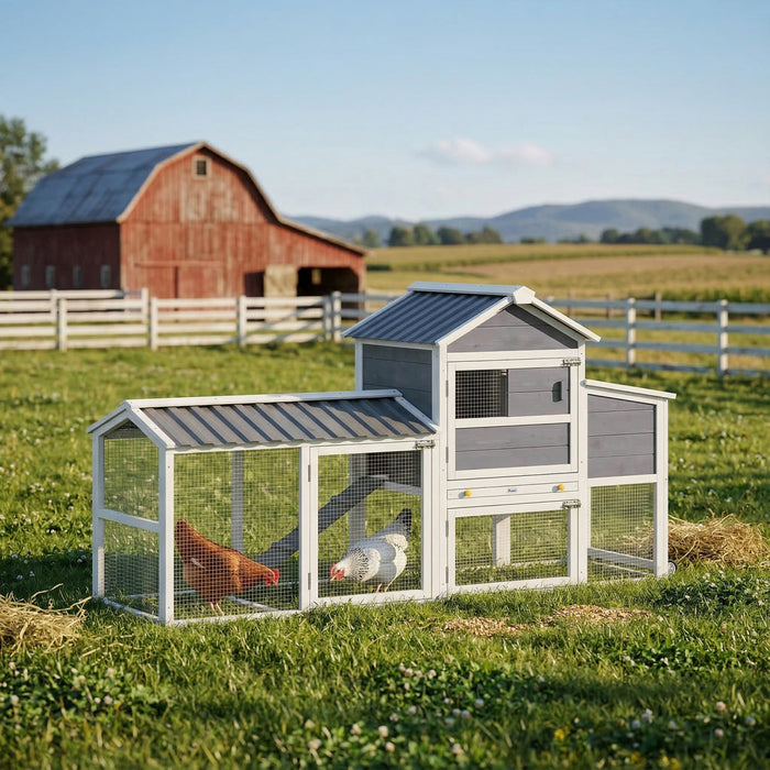 PawHut Chicken Coop with Wheels, 80\" L Wooden Chicken Tractor Outdoor Hen House with Run, Nesting Box, Removable Tray, Ramp, Waterproof Poultry Cage for 2-3 Hens, Grey