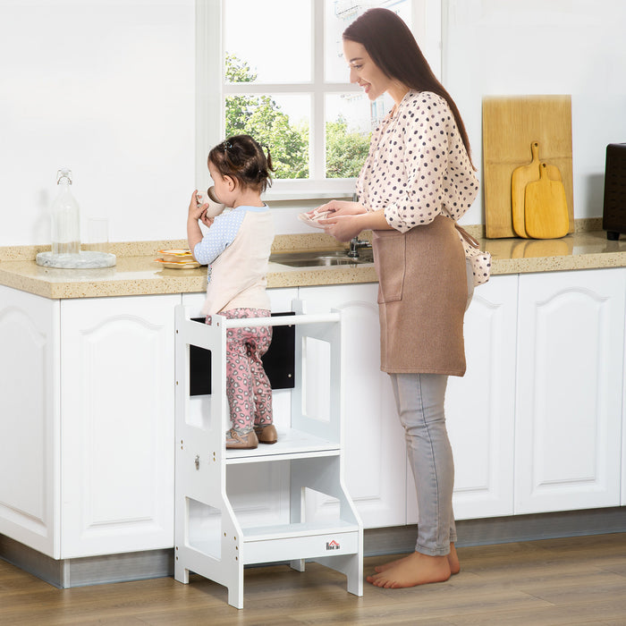 Qaba 2-in-1 Kids Kitchen Helper Step Stool, Detachable Toddler Table And Chair Set, Children Standing Tower For Kitchen Counter With Safety Rail Chalkboard, White