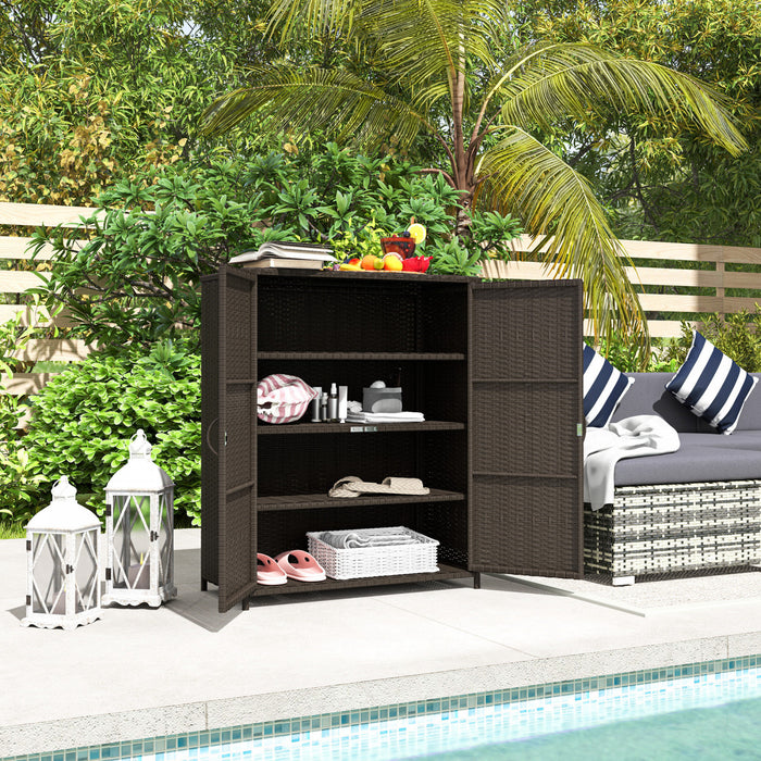 Outsunny Wicker Outdoor Storage Cabinet, 4-Shelf Pool Storage, Espresso