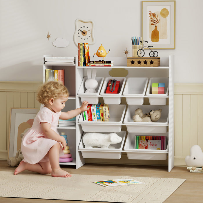 Qaba Kids Bookshelf and Toy Storage Organizer, Children Bookcase with 8 Removable Storage Bins, Shelves, Cabinet for Playroom, Nursery, Kids Room, White