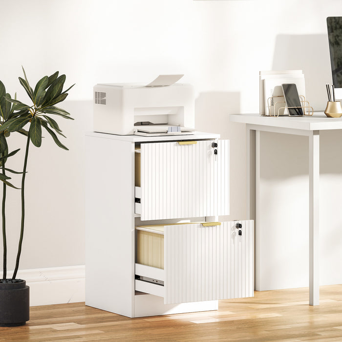 HOMCOM 2 Drawer File Cabinet Fluted Vertical Filing Cabinet with Lock White