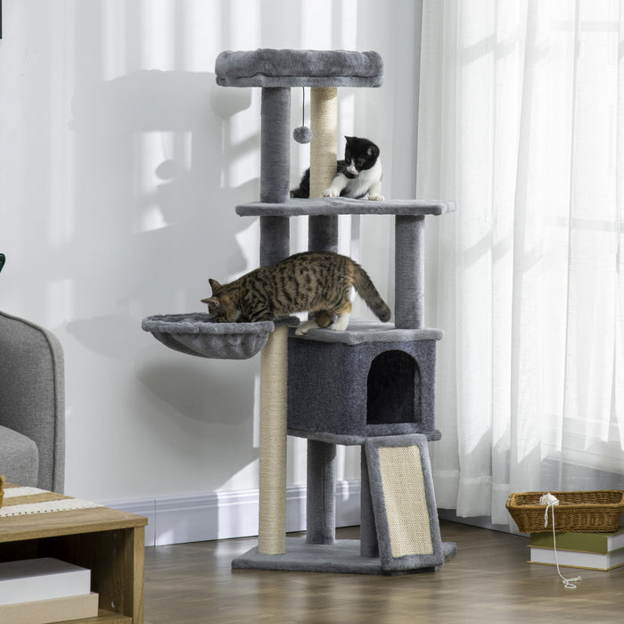 PawHut 50 Inch Cat Tree for Indoor kittens, Multi-Level Cat Tower with Sisal Scratching Posts and Ramp, Bed, Condo, Plush Perch, Hammock, Toy Ball, Grey