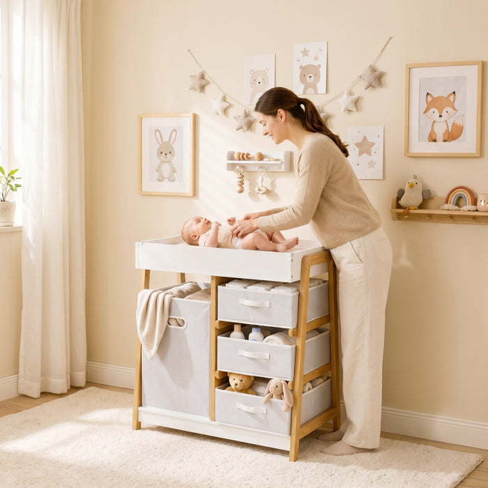 Qaba Baby Changing Table, Diaper Changing Station with Waterproof Pad, 3 Drawers and Large Basket, Nursery Organizer for Newborn and Infant, White