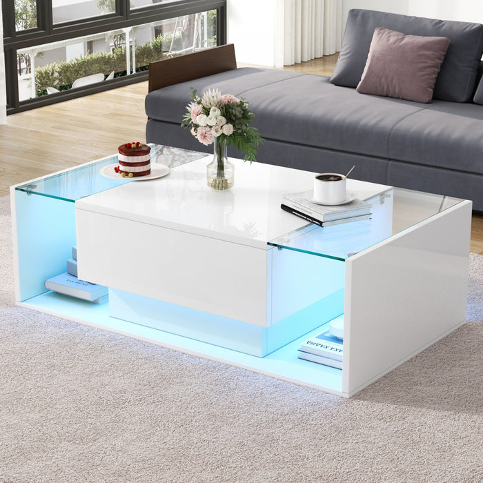 Evan Coffee Table with LED Lighting and Glass Top,White