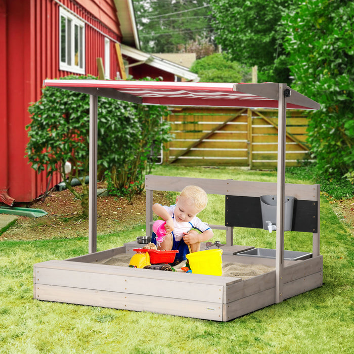 Kids Sandbox With Cover, Wooden Sand Box With Adjustable Cover, Kitchen Playset Toys, Seat, Storage, Outdoor Sand Playfor 3-7 Years Old, 45 X 43 X 43inch