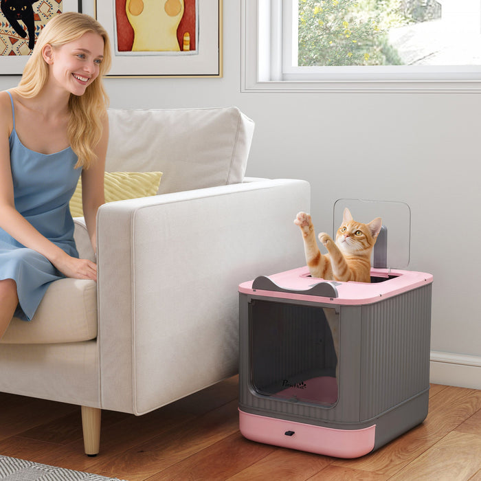 PawHut Cat Litter Box with Lid, Enclosed Kitty Litter Box with Front-Entry and Top-Exit, Scoop, Deodorizer Bag, Non-Sticky and Easy to Clean, for Medium Cats, Pink