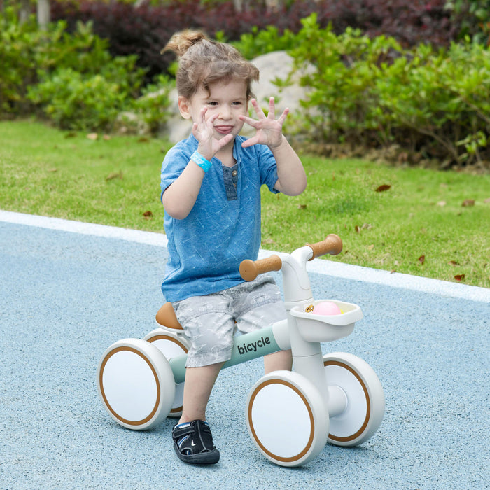 Qaba Baby Balance Bike, Toddler Balance Bike For 12–36 Months With Adjustable Seat, Removable Basket, 4 Silent Wheels, No Pedal Baby Bike For Boys And Girls, Green