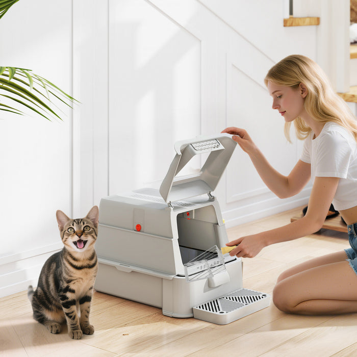PawHut 80L Stainless Steel Litter Box with Lid, XL Cat Litter Box for Big Cats with 180° Flip Cover, Pull-Out Drawer Tray, High Sided, Pedal, Scoop, Light Grey