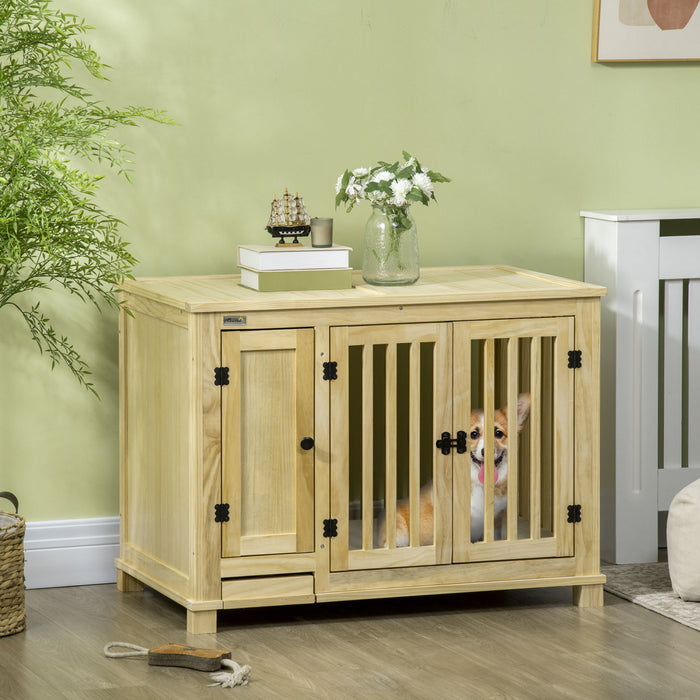 Pawhut Wooden Dog Crate Furniture With Drawer Bowl Storage, Dog Kennel End Table With Cushion For Small Dogs Indoor Use, Natural