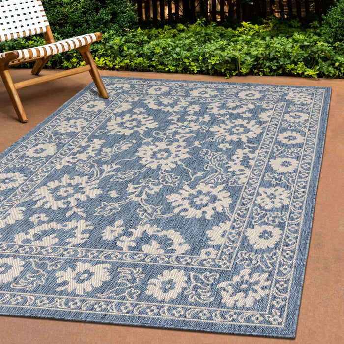 Cabana Blue White Elegant Border Outdoor Rug, 7'10\" x 10'6\" Outdoor Area Rug