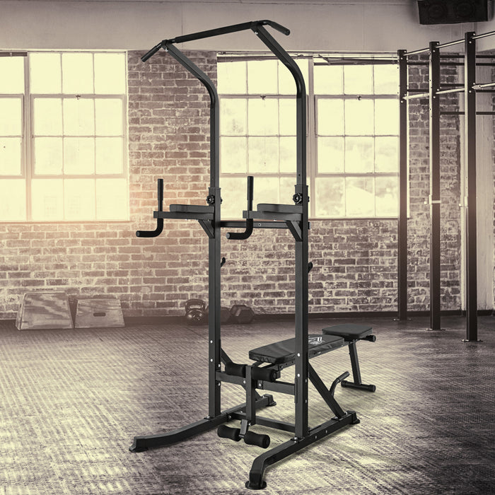 Soozier Foldable Power Tower Pull Up Dip Station With Adjustable Bench