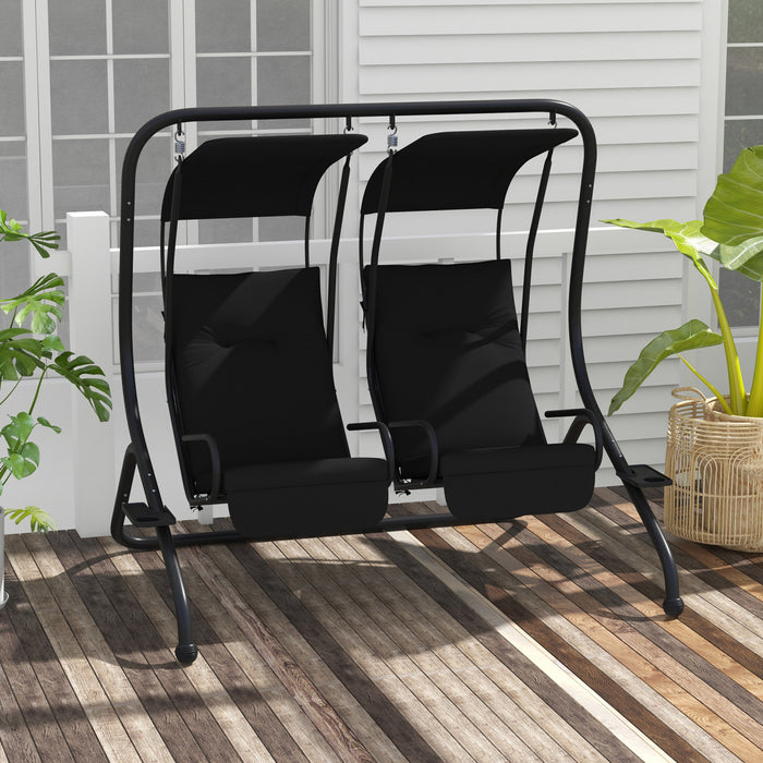 Outsunny 2-seat Patio Swing Chair W/ Removable Canopy & Cup Holders, Black