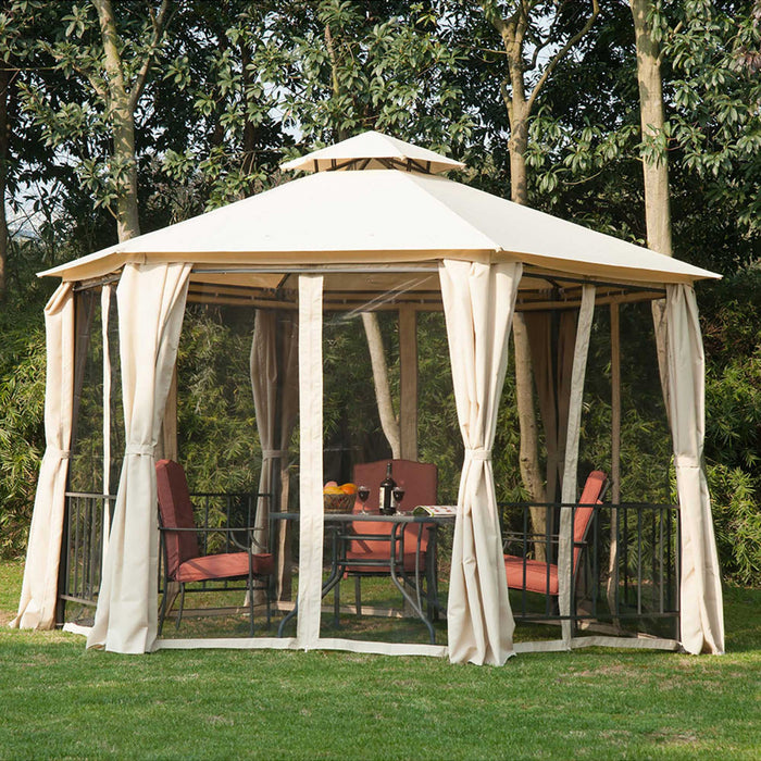 Outsunny 13ft Hexagon Gazebo Outdoor Canopy Shelter With Netting And Shaded Curtains Beige
