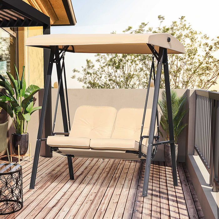 Outsunny 2 Seater Covered Outdoor Swing Chair Porch Swing Bench Lounger Hammock With Removable Cushion Tilt Canopy, Beige