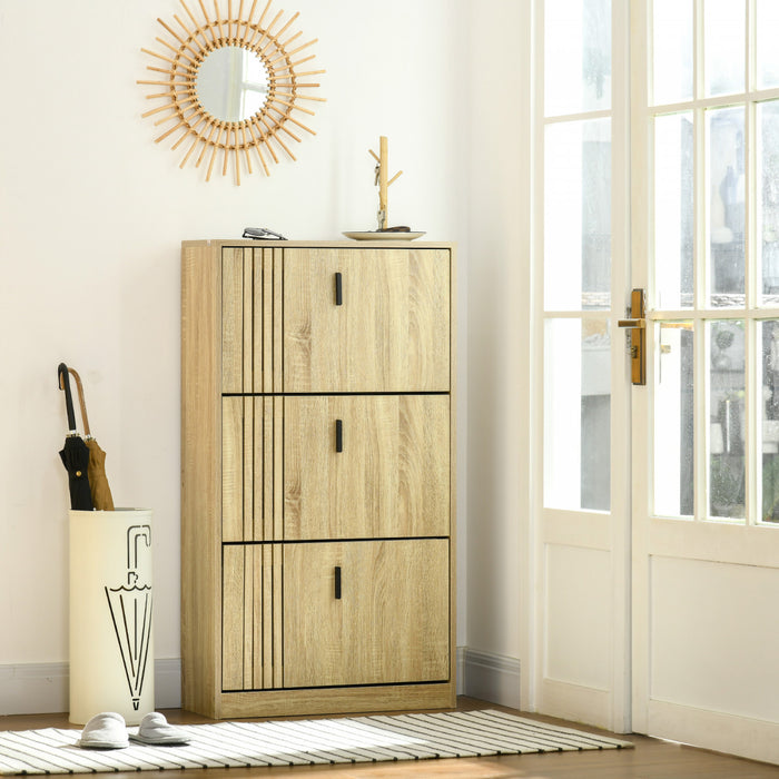 HOMCOM Shoe Storage Cabinet with 3 Flip Drawers for 18 Pairs of Shoes, Oak