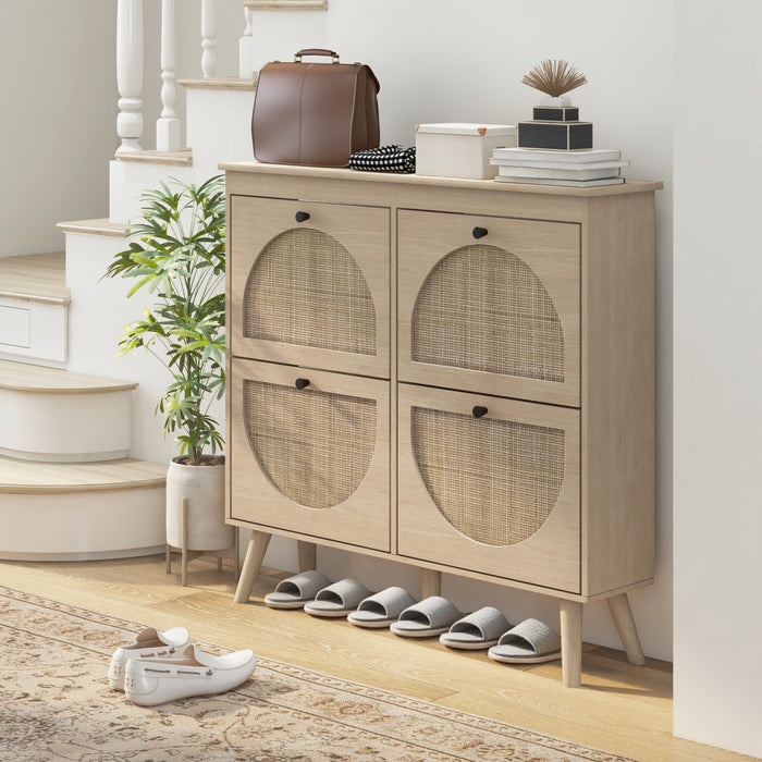 HOMCOM Shoe Storage Cabinet, Narrow Shoe Cabinet with 4 Flip Drawers, Oak