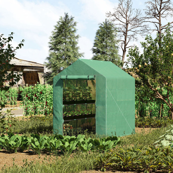Outsunny 84\"x 56\" X 77\" Walk-in Greenhouse 2-tier Flower Rack Outdoor Plant Garden Pe Cover Steel Frame With Roll Up Door, Green