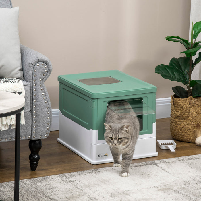 Pawhut Cat Litter Box, Top Entry Enclosed Kitty Litter Box With Scoop, Tray, Foldable Portable Kitten Litter Box Enclosure With Front Entry, Large Space, Green