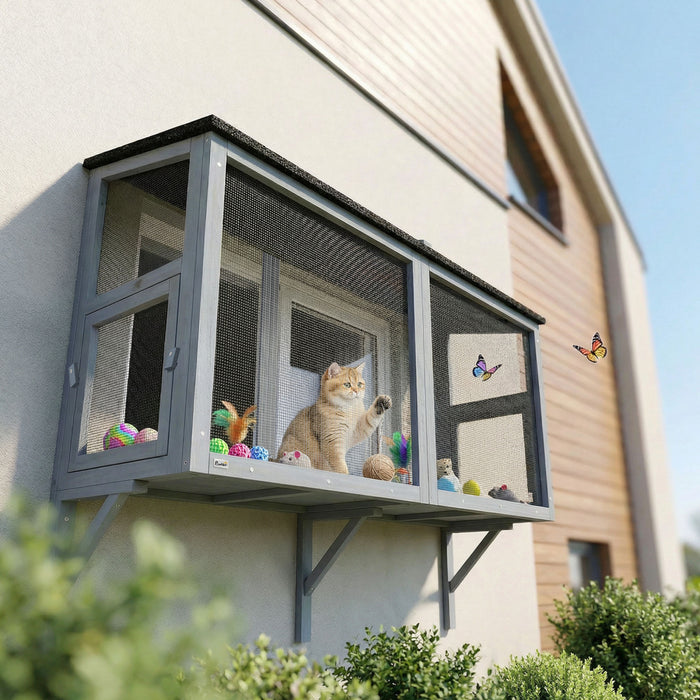 PawHut Bug Proof Window Cat Catio, Outdoor Cat House w/ Metal Mesh, Outdoor Enclosure for Indoor Pet, Expandable Safe Window Perch for Sunbathing, Napping & Overlooking, 51.2\"L