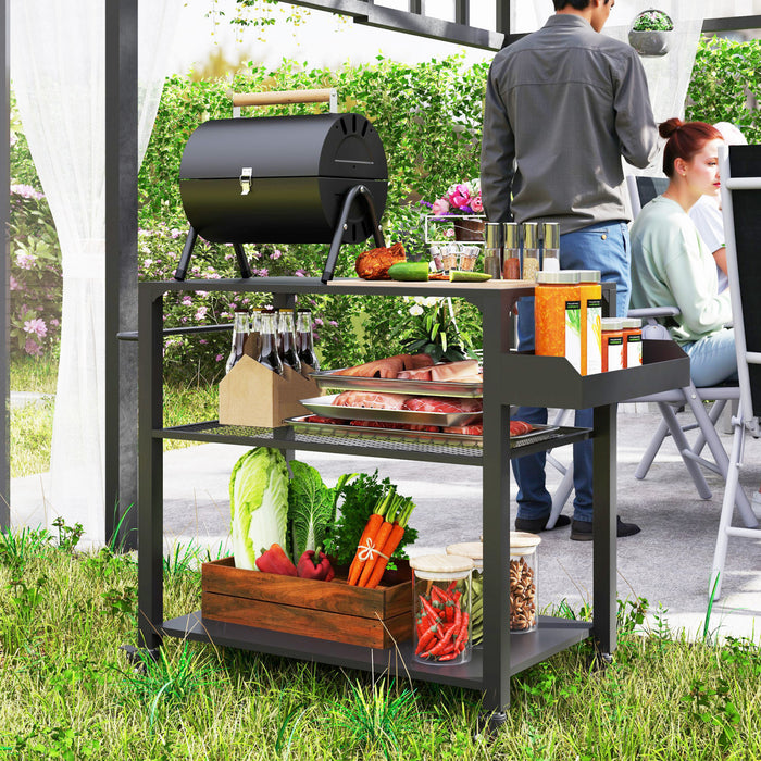 Outsunny Three-Shelf Outdoor Grill Dining Cart, Pizza Oven Stand with Storage Rack, Side Handle, BBQ Movable Food Prep Table with 4 Wheels for Backyard Party