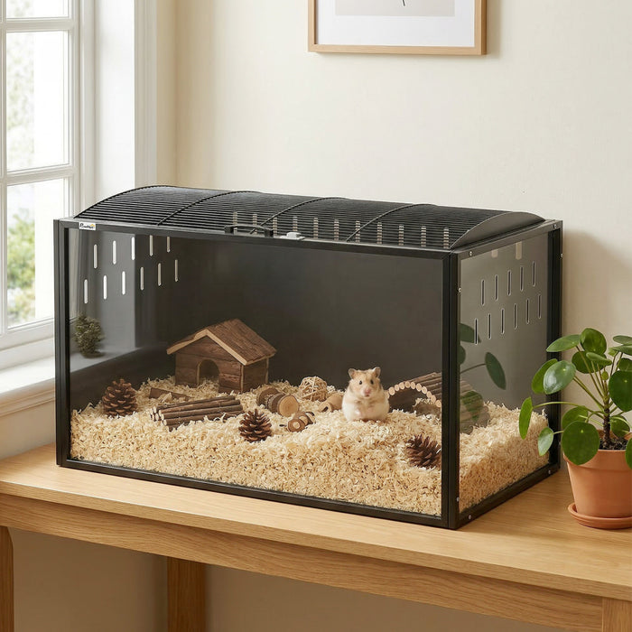 PawHut 41.3\" Hamster Cage, Large Hamster Habitats Steel Frame Chewproof, 0.53m² Transparent Small Animal Cage, Deep Bedding Space for Pets Enrichment, Openable Top, for Rats Syrian