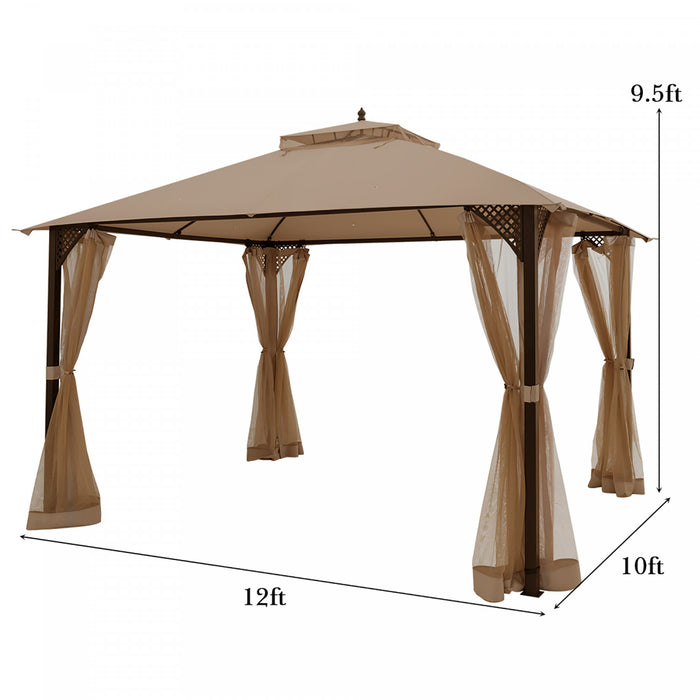 Costway 12' X 10' Outdoor Patio Gazebo Canopy Shelter Double Top Sidewalls Netting Brown