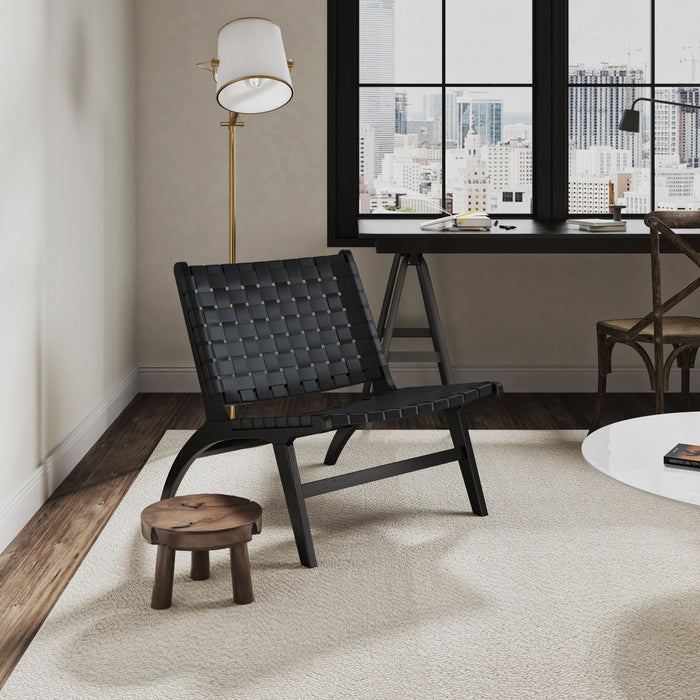 Maintenon Industry Chic Wood Vegan Leather Accent Chair in Black - Set of 2