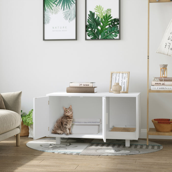 Pawhut Wooden Cat Washroom Pet Litter Box Enclosure Kitten House Nightstand End Table With Scratcher Magnetic Doors White