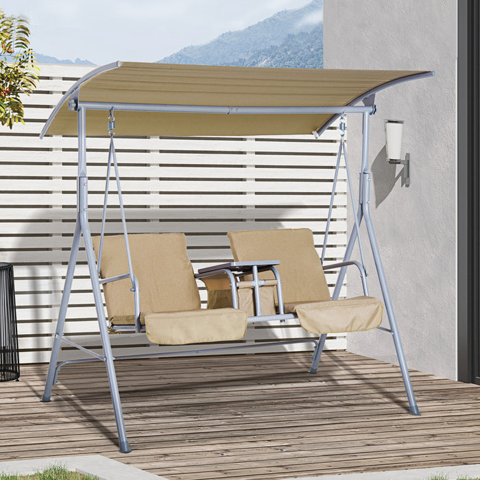 Outsunny Double Outdoor Swing Chair 2 Person Covered Swing Porch Swing W/ Pivot Table And Storage Console, Beige