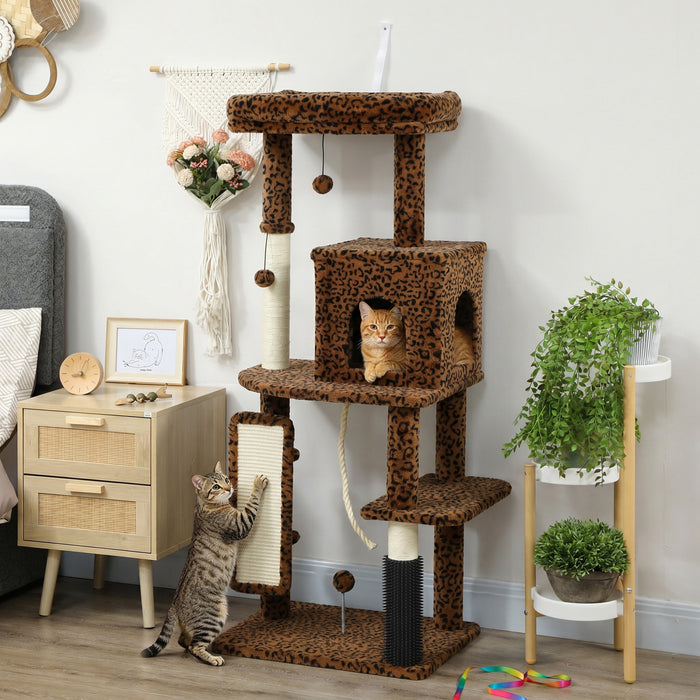 PawHut Cat Tree for Large Cat Adults, 52 Inch Cat Tower for Indoor Cats w/ Scratching Posts, Cat Bed, Condo, Jumping Platforms, Toy Balls, Anti-tip Kit, Leopard Print