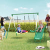 Qaba 3-in-1 Swing Sets for Backyard, 265lbs Capacity Metal Outdoor Playset with A-Frame, 5' Slide, Saucer Swing and Swing Seat, Adjustable Height, for Ages 3-8, Dark Green