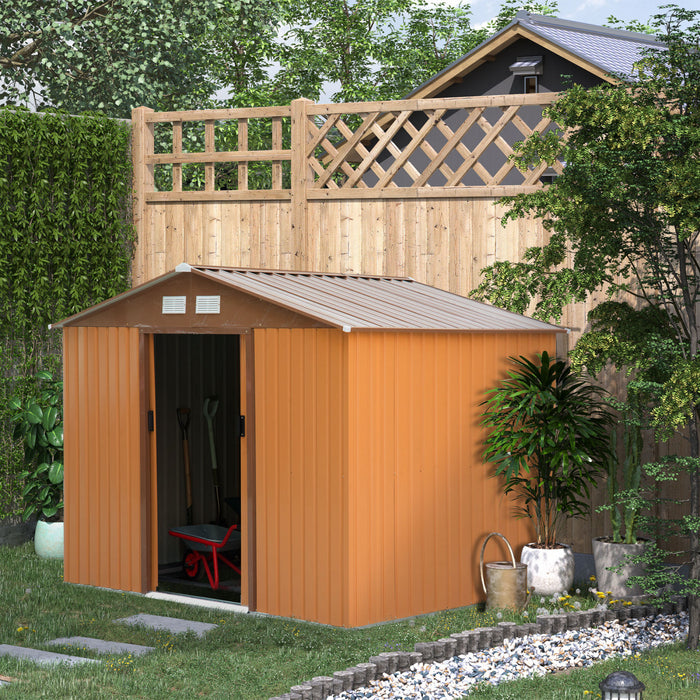 Outsunny 9' X 6' Garden Storage Shed With Floor Foundation, Metal Tool Storage House With Double Doors For Outdoor Patio Yard, Brown