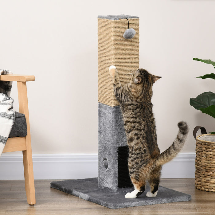 Pawhut Cat Scratching Post, 31\" Tall Cat Scratcher For Indoor Cats, Natural Sisal Cat Scratch Post With Hanging Balls, Grooming Brushes, Stable Base, Grey