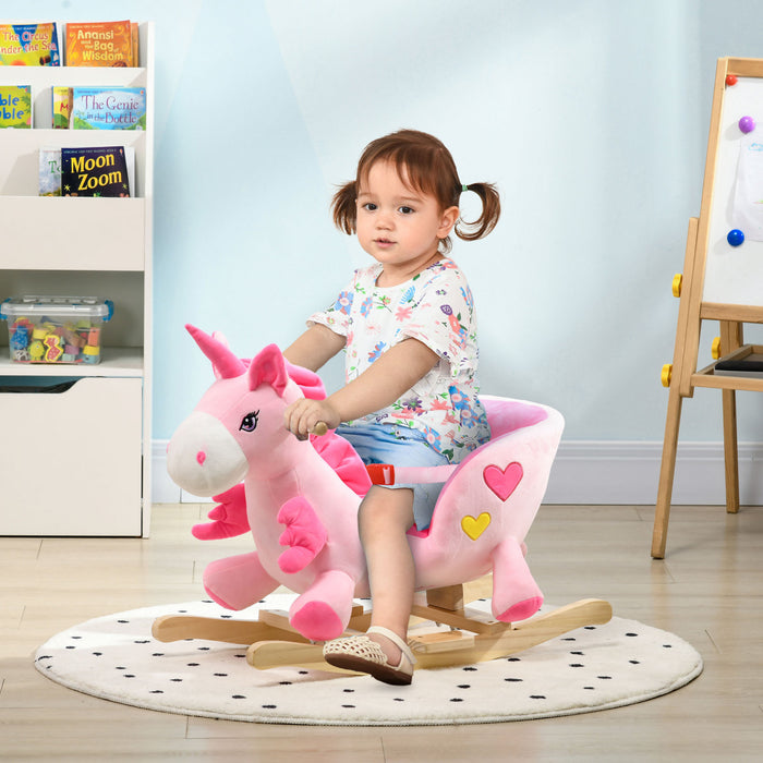 Qaba Baby Rocking Horse Ride On Unicorn With Songs, Toddler Rocker Toy With Wooden Base Seat Safety Belt For 1.5-3 Year Old, Pink