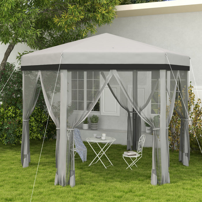 Outsunny 12x12 Pop Up Canopy Tent, Hexagon Gazebo With Mosquito Netting, Carry Bag, Stakes, Ropes, Height Adjustable Instant Sun Shelter For Outdoor, Garden, Patio, Light Grey