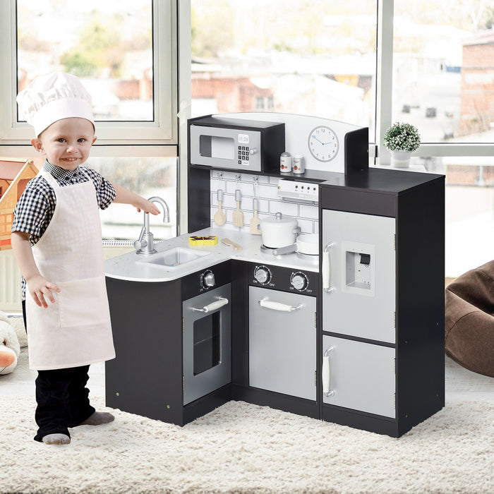 Qaba Kids Kitchen Play Cooking Toy Set For Children With Drinking Fountain, Microwave, And Fridge With Accessories - Black