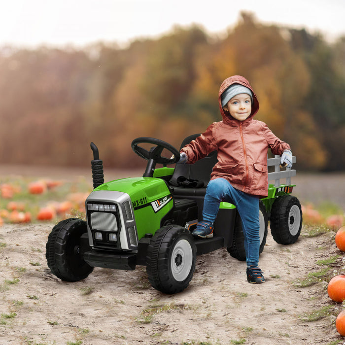 Aosom 12v Kids Powered Ride-On Tractor With Trailer, Battery Powered Electric Tractor With Remote Control, Music Start Up Sound And Horn, Usb, Led Lights, Green