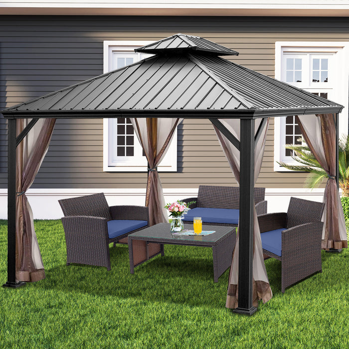 Costway 12ft X 10ft Hardtop Gazebo 2-tier Outdoor Galvanized Steel Canopy Brown