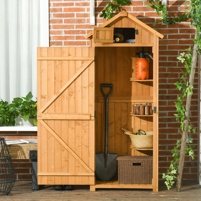 Outsunny 30\" X 21\" X 71\" Garden Storage Shed, Outdoor Storage Shed With 3 Tier Shelves, Workshop Yard Tool Utility Storage House Water-resistant All-weather Cover Spire Roof, Brown