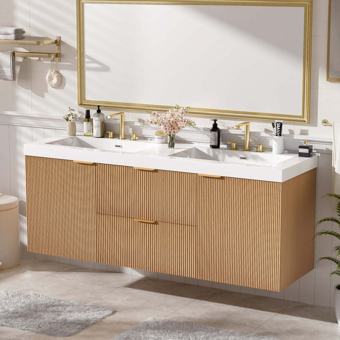 Weston 59.3-Inch Double Sink Floating Bathroom Vanity with Smart Storage, Natural