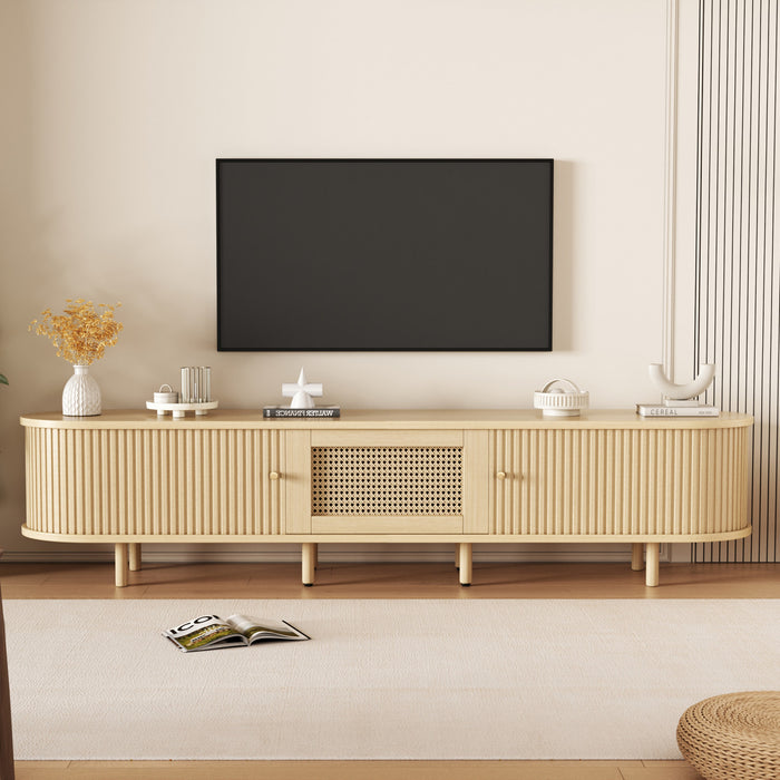 Lucas TV Stand Media Console with Rattan Drawer and Sliding Doors,Natural